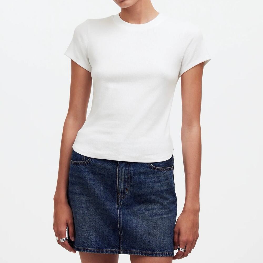 NWT Madewell (Re)generative Cotton Ribbed Slim Fit Crewneck Tee Eyelet White XS